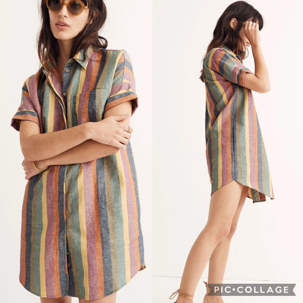 Madewell Central Shirt Dress Women's XXS Mulitcolor Striped Linen Blend Pockets